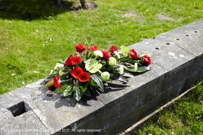 RED AND GREEN SPRAY - A contemporary spray of red and green flowers and foliage.