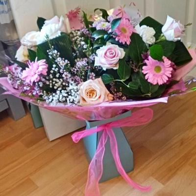Mum with love - Pink Roses Peach, with Pink Gerberas,  Gypsophila with mixed foliage Mum with love - Pink Roses Peach, with Pink Gerberas,  Gypsophila with mixed foliage